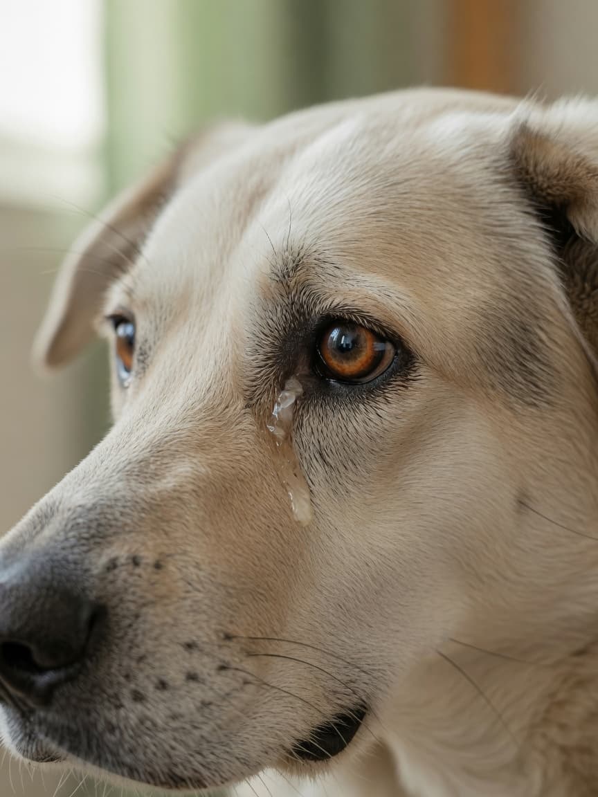 Close-up of a dog's eye showing normal eye discharge at the inner corner