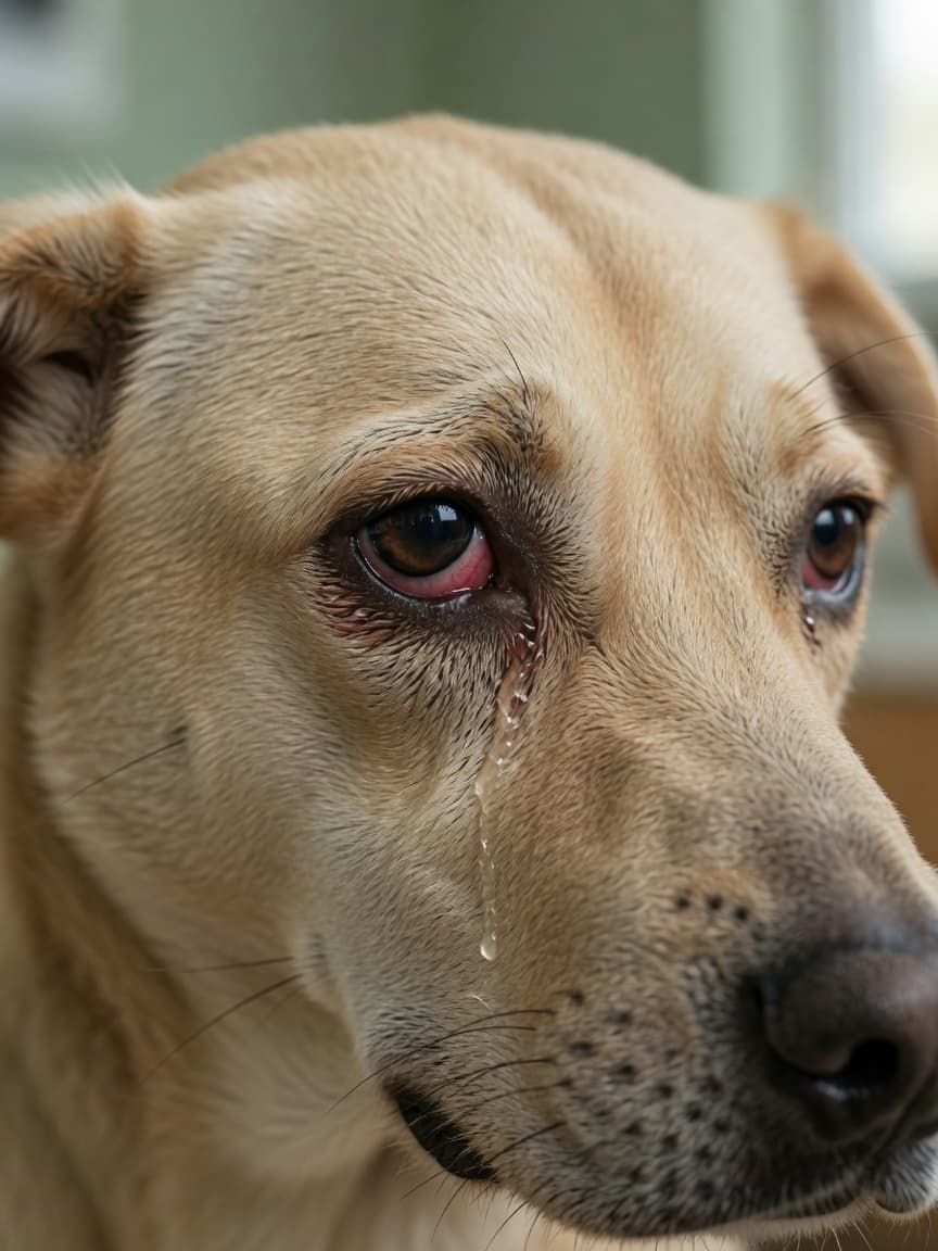 Close-up of a dog's injured eye with visible redness and tearing, showing signs of corneal abrasion or irritation