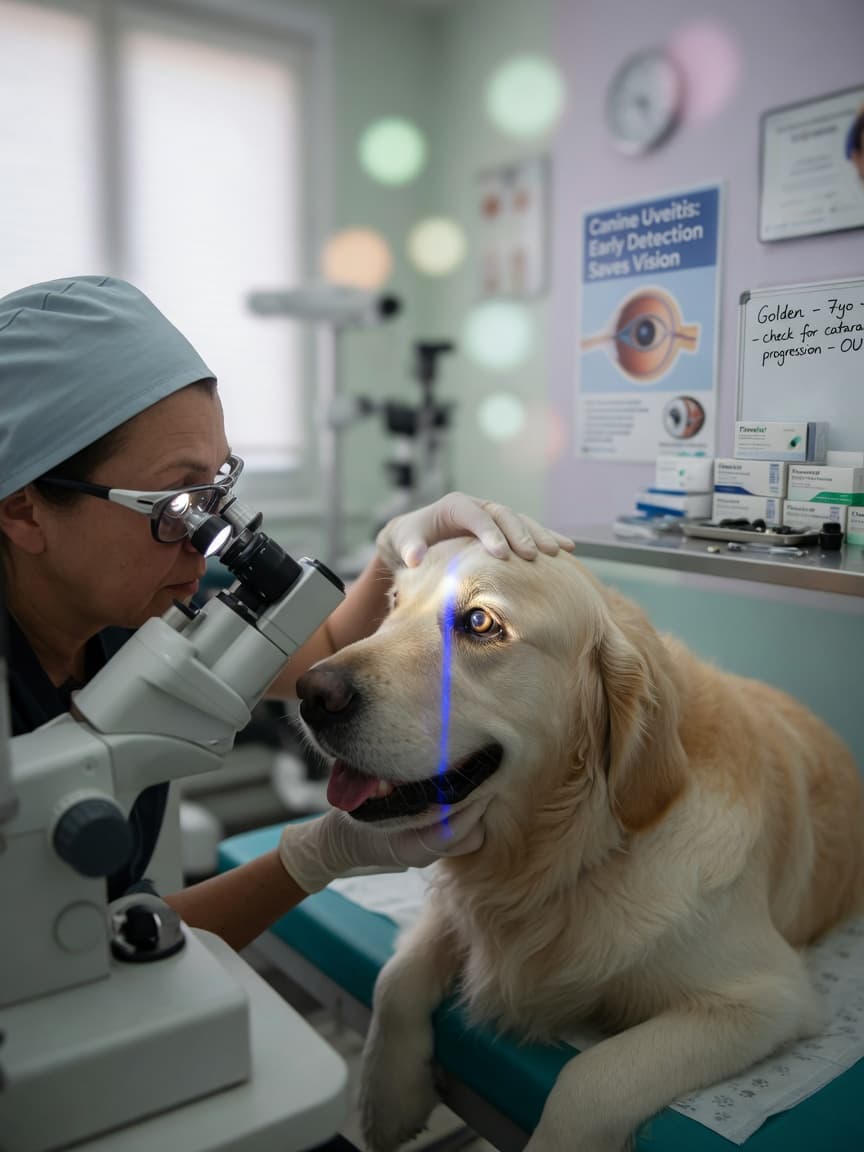 Veterinary ophthalmologist examining a Golden Retriever's eye with a slit lamp during a comprehensive eye exam