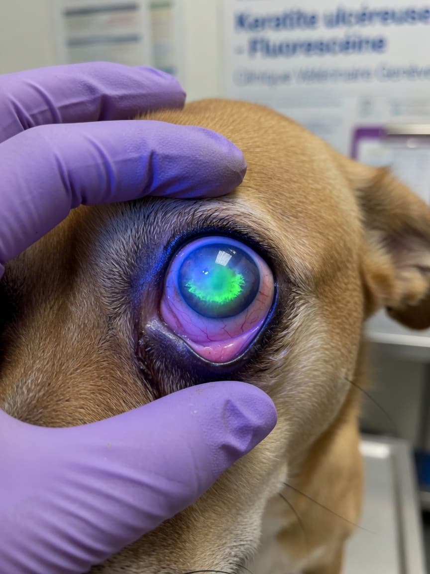 Close-up of a dog's eye being examined by a veterinarian under blue light, showing corneal ulcer with fluorescein stain glowing bright green