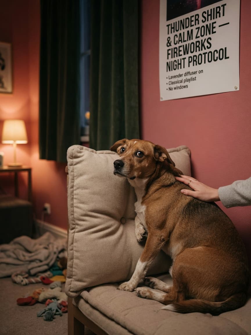 Anxious dog trembling in corner of safe room with owner's hand providing comfort during fireworks