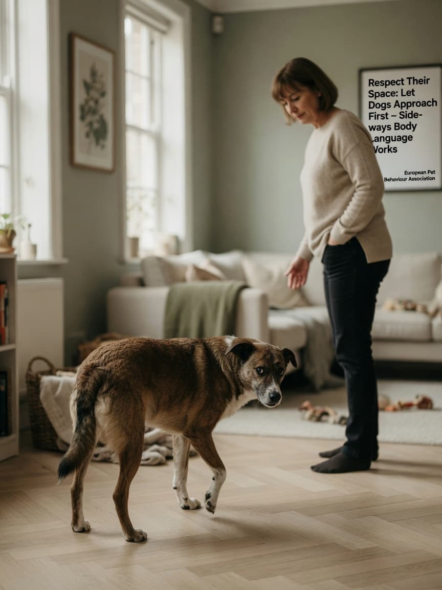 A cautious dog with lowered posture and tucked tail observing a stranger from a distance while the stranger demonstrates non-threatening body language by standing sideways and looking away