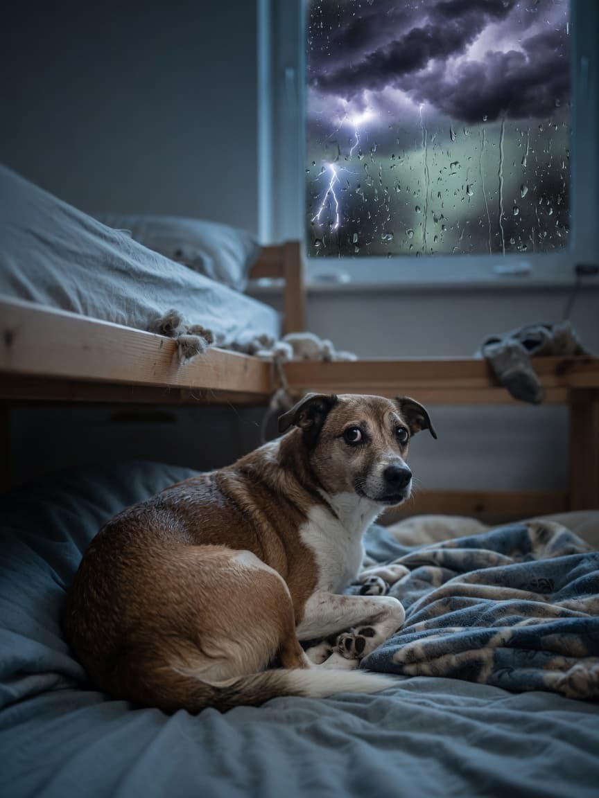 A frightened dog with pinned-back ears and wide eyes hiding under a bed during a thunderstorm, seeking shelter from the storm outside visible through a window behind.