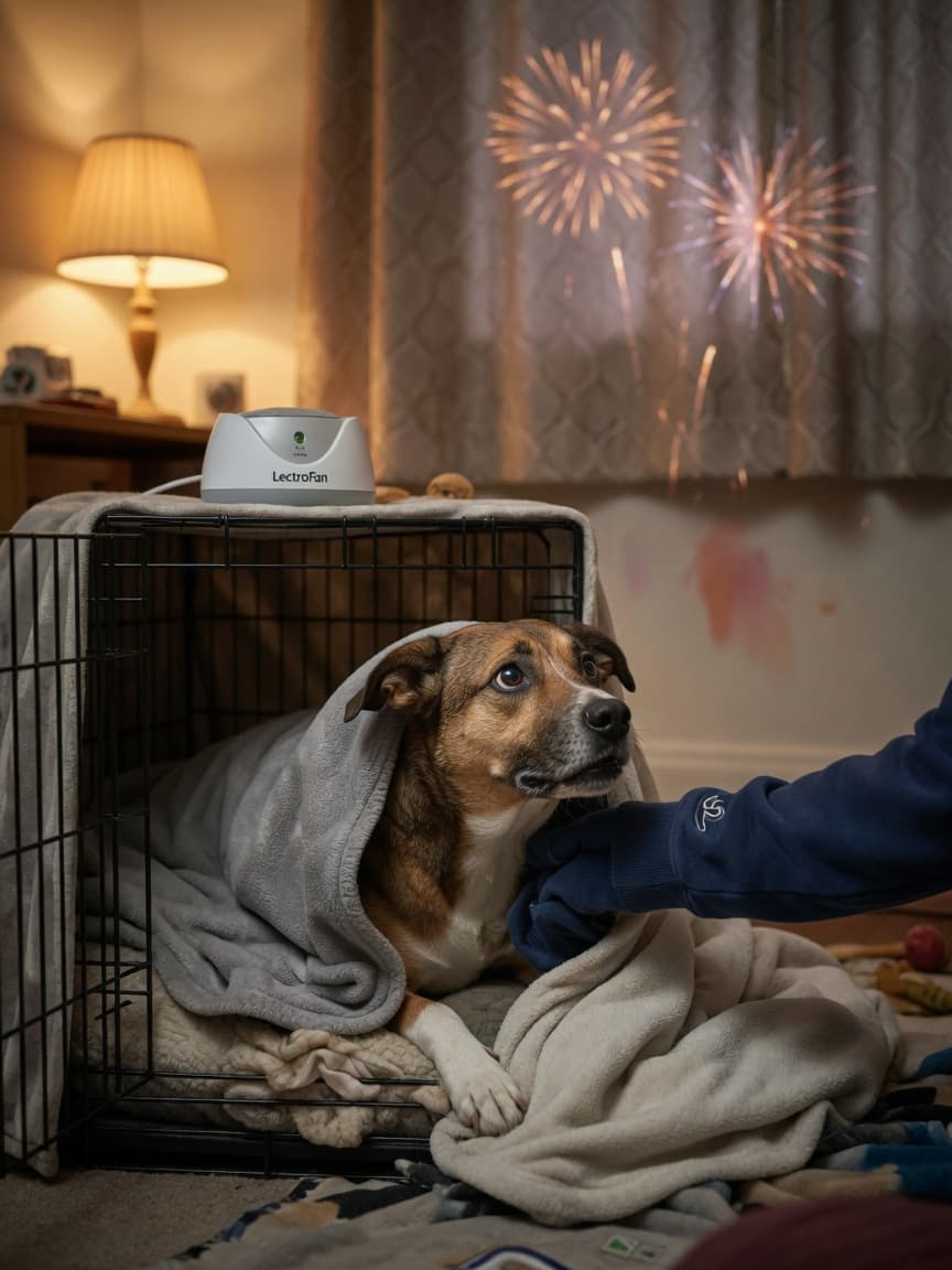 Anxious dog hiding under blankets in a safe den during fireworks