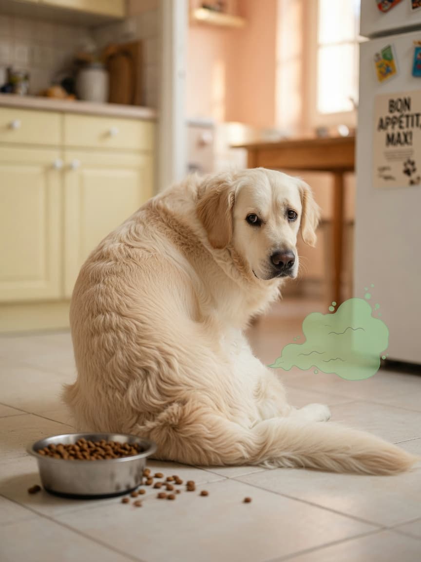 Golden Retriever on kitchen floor with subtle gas cloud illustration, looking embarrassed beside food bowl