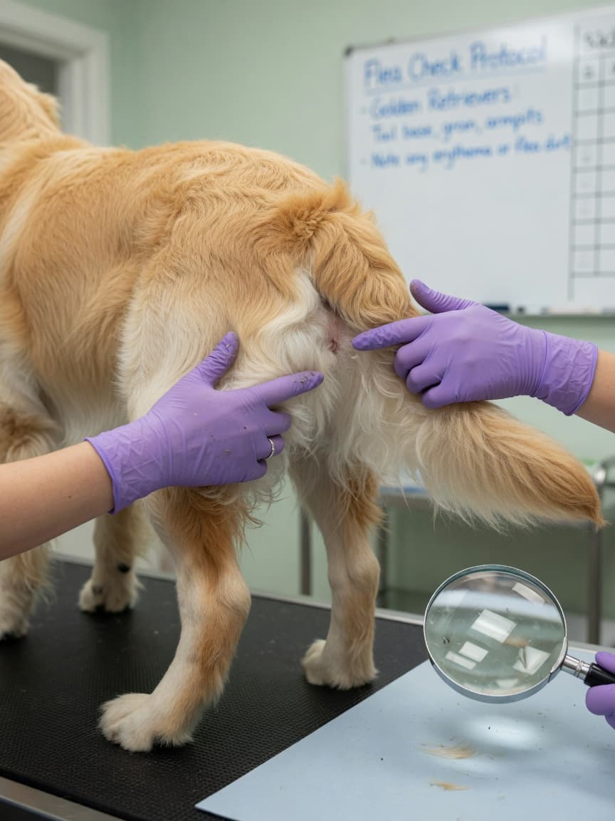 Veterinarian examining a golden retriever's coat for fleas during a clinical examination