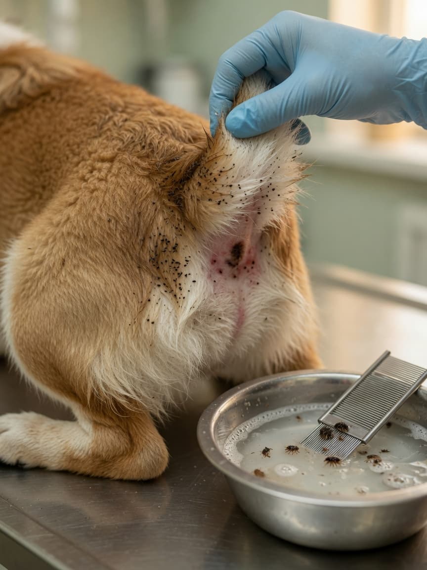 Veterinarian examining dog fur with fine-toothed flea comb over a bowl of soapy water, showing flea dirt in the coat
