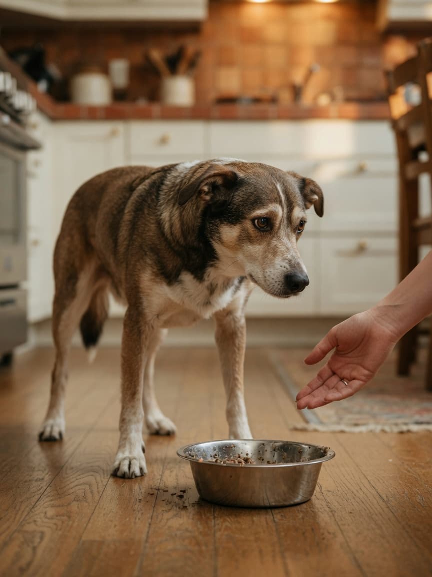 Dog with stiffened body language standing over food bowl as a calm human hand approaches from the side during a safe resource guarding training session