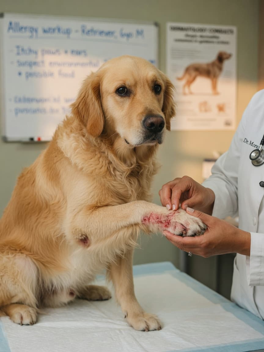 Veterinarian examining a golden retriever's itchy paws and ears during a food allergy consultation