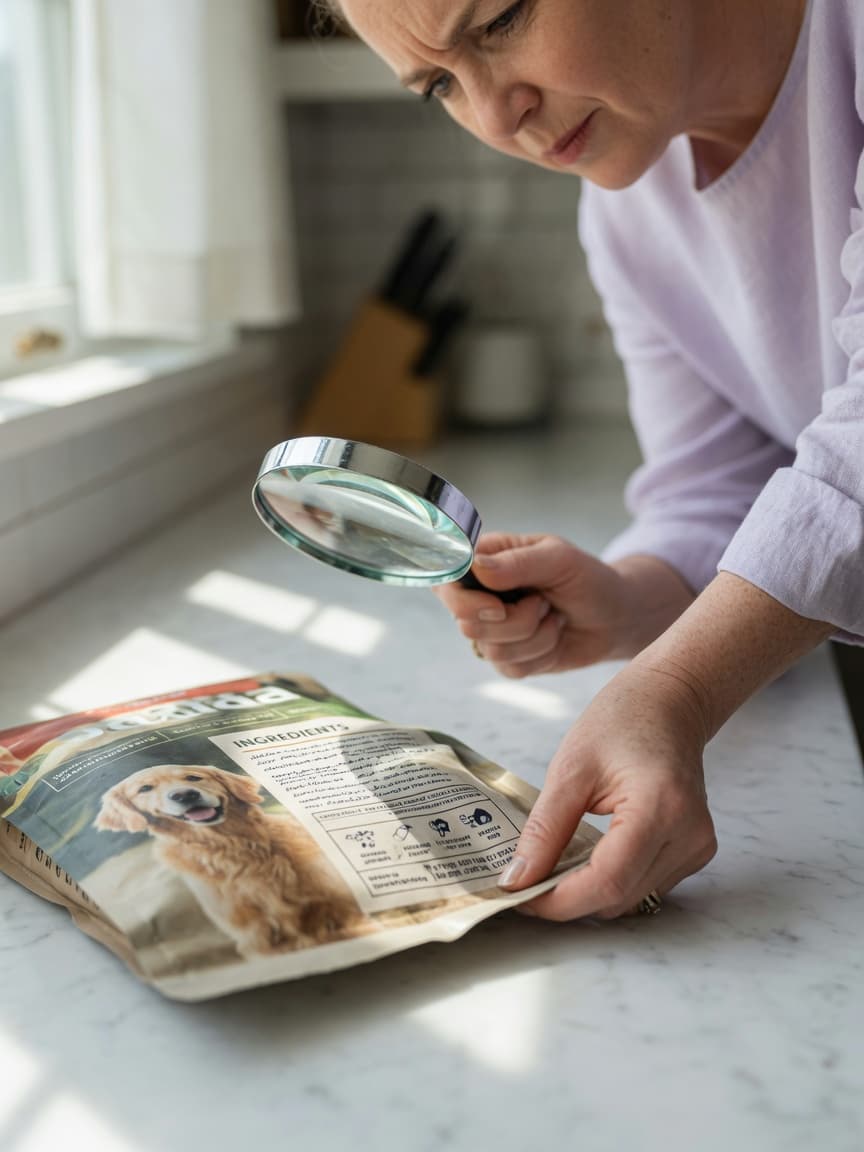 Dog owner examining pet food label closely with magnifying glass in natural kitchen light