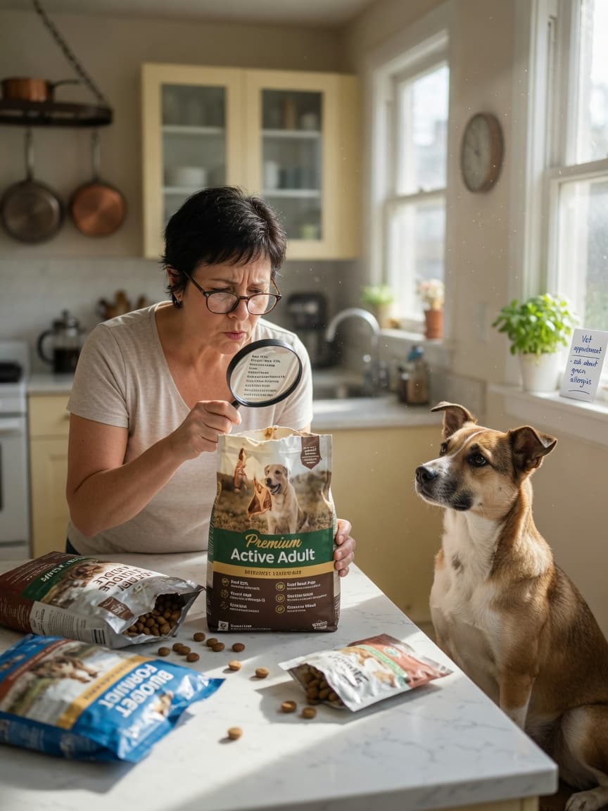 Dog owner with magnifying glass reading dog food ingredient label in kitchen while healthy dog watches