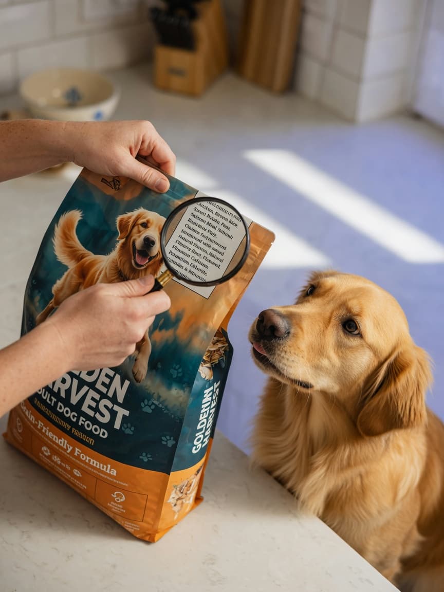 Person reading dog food label with magnifying glass while golden retriever watches from kitchen counter