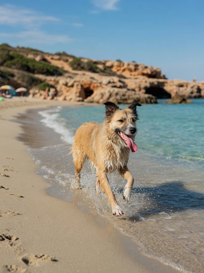 Dog running happily through shallow seawater on a European beach with golden sand and rocky coves