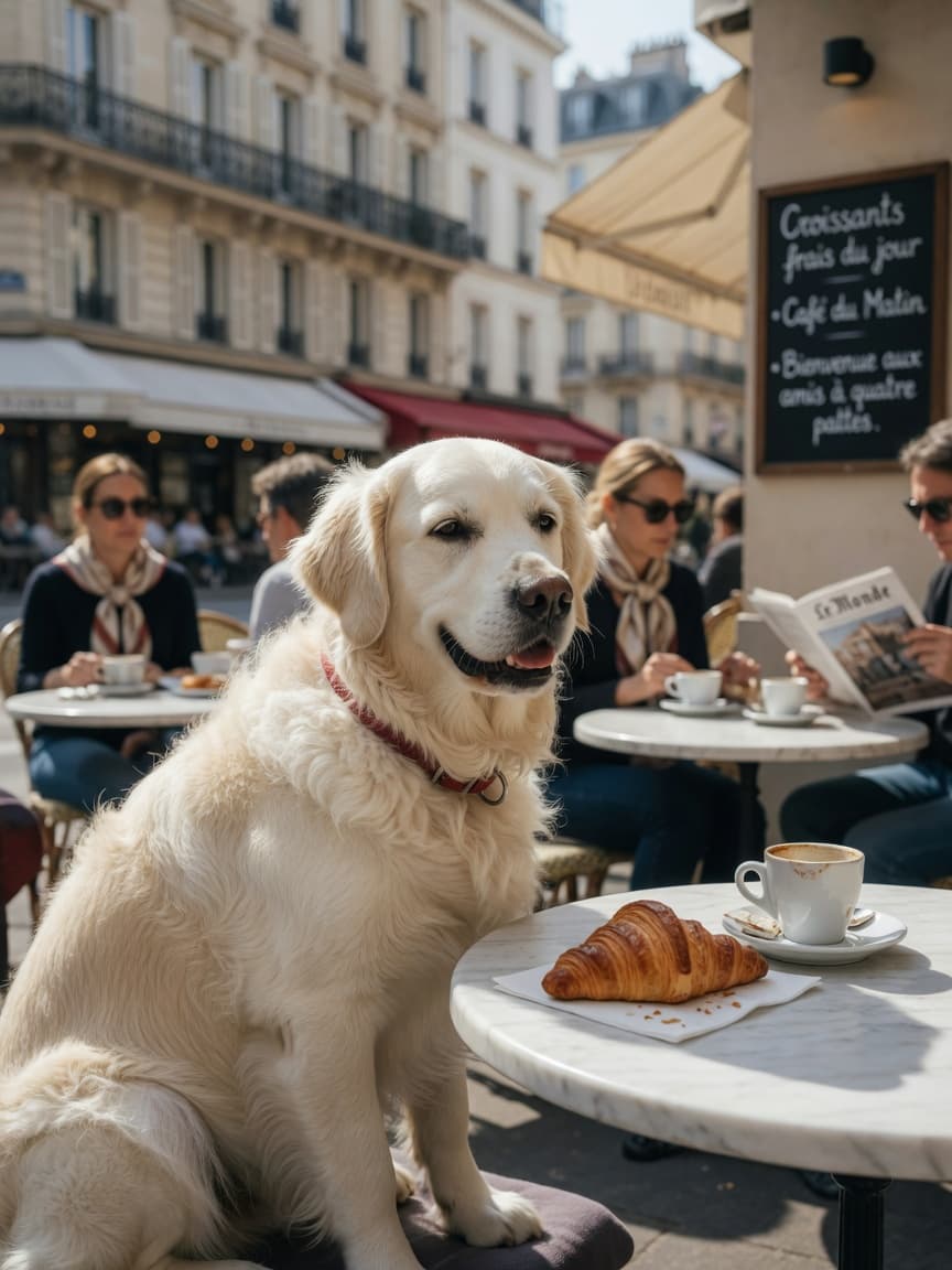 Golden Retriever relaxing at a Parisian outdoor café table with coffee and pastry nearby