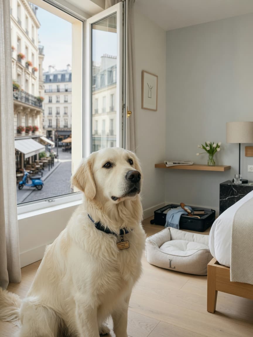 A relaxed golden retriever sitting in a modern European hotel room by a window with city views