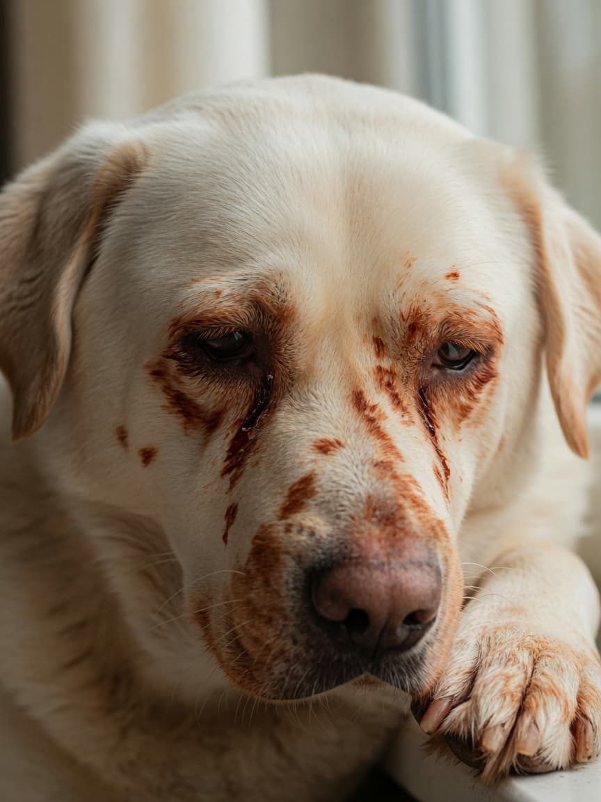 Close-up of a light-coloured dog's face with visible reddish-brown tear staining around the eyes and saliva staining on the paws
