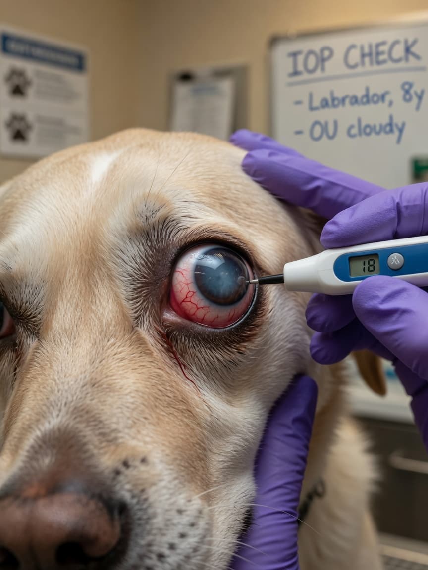 Veterinary tonometry being performed on a dog with acute glaucoma, showing a red, cloudy eye during intraocular pressure measurement