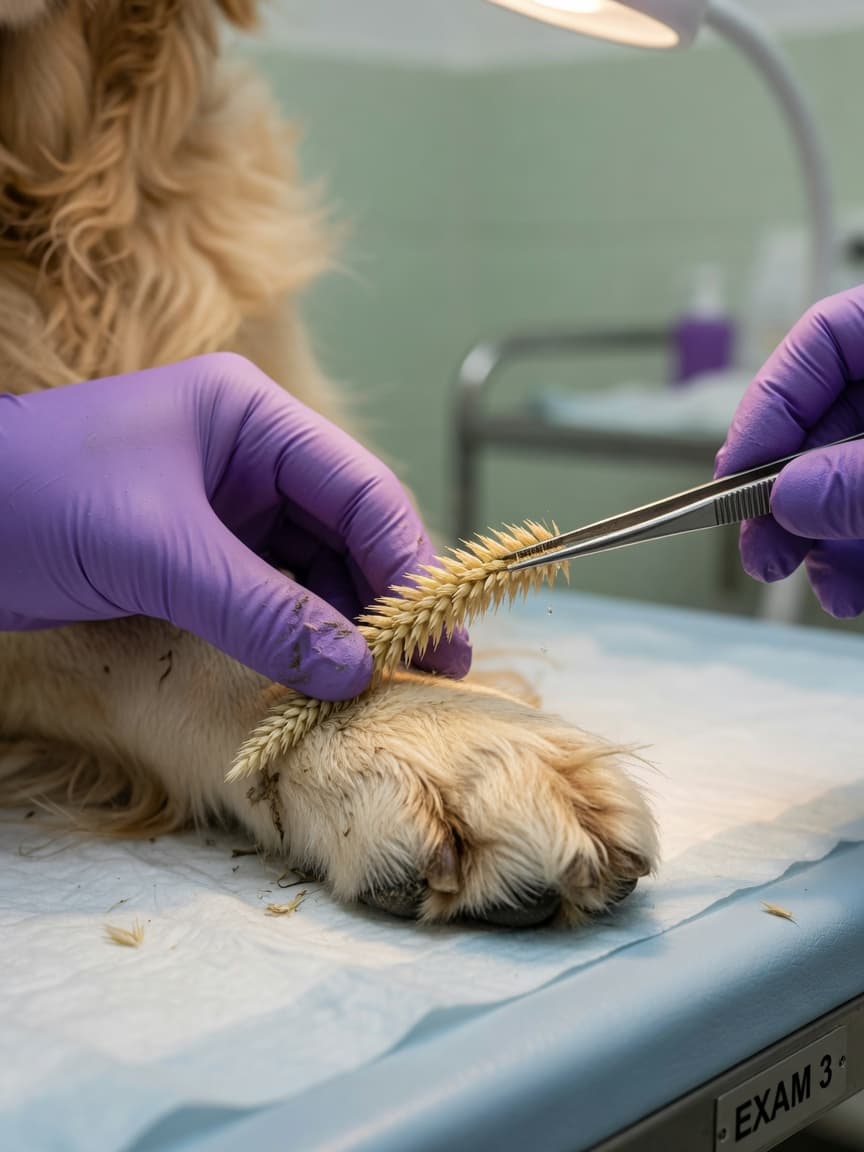 Veterinarian examining a dog's paw for grass seeds between the toes using forceps
