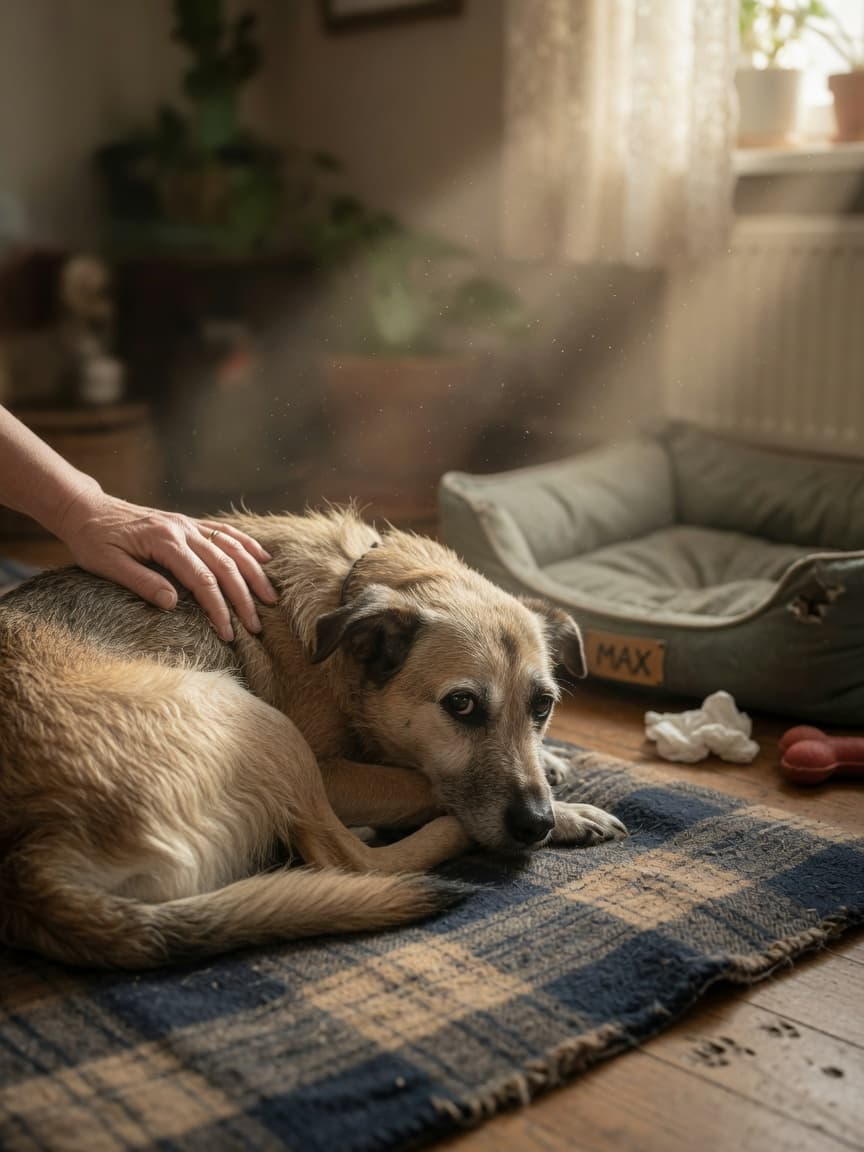 A grieving dog resting on a soft blanket with a human hand gently comforting it, with warm sunlight coming through a window and an empty dog bed visible nearby