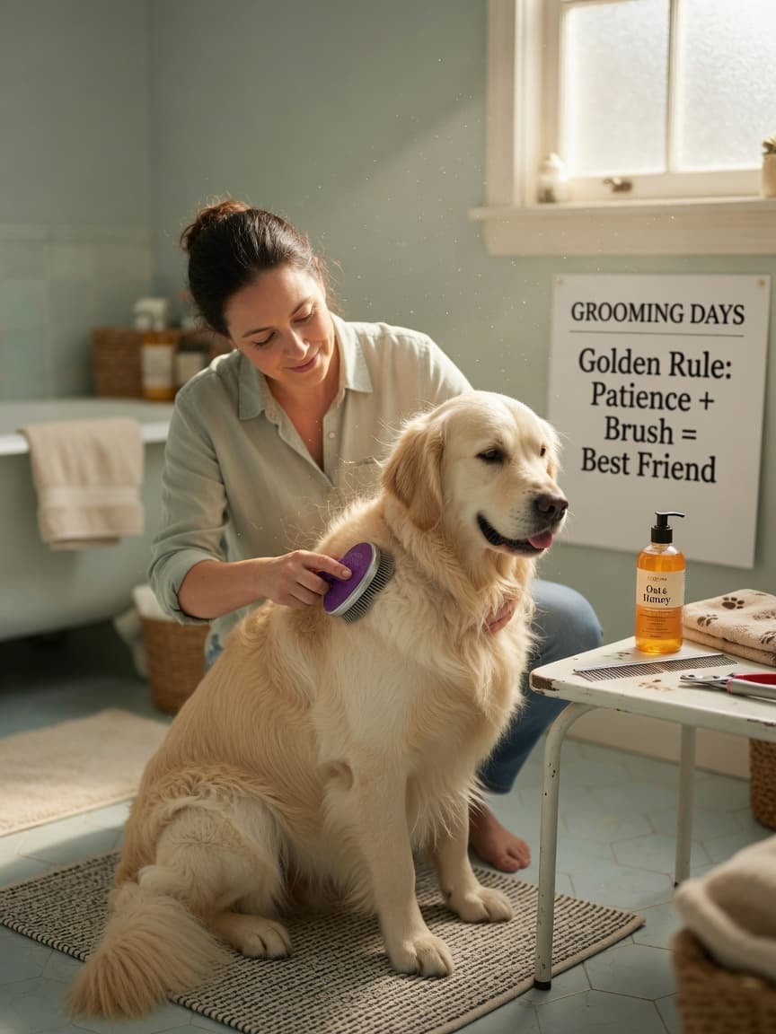 Woman grooming her Golden Retriever at home with brush and grooming supplies