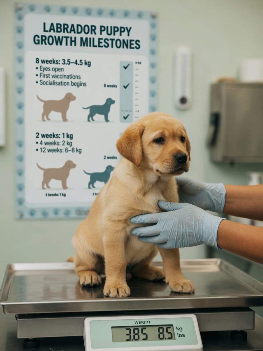 Young Labrador Retriever puppy being weighed at veterinary clinic during growth assessment