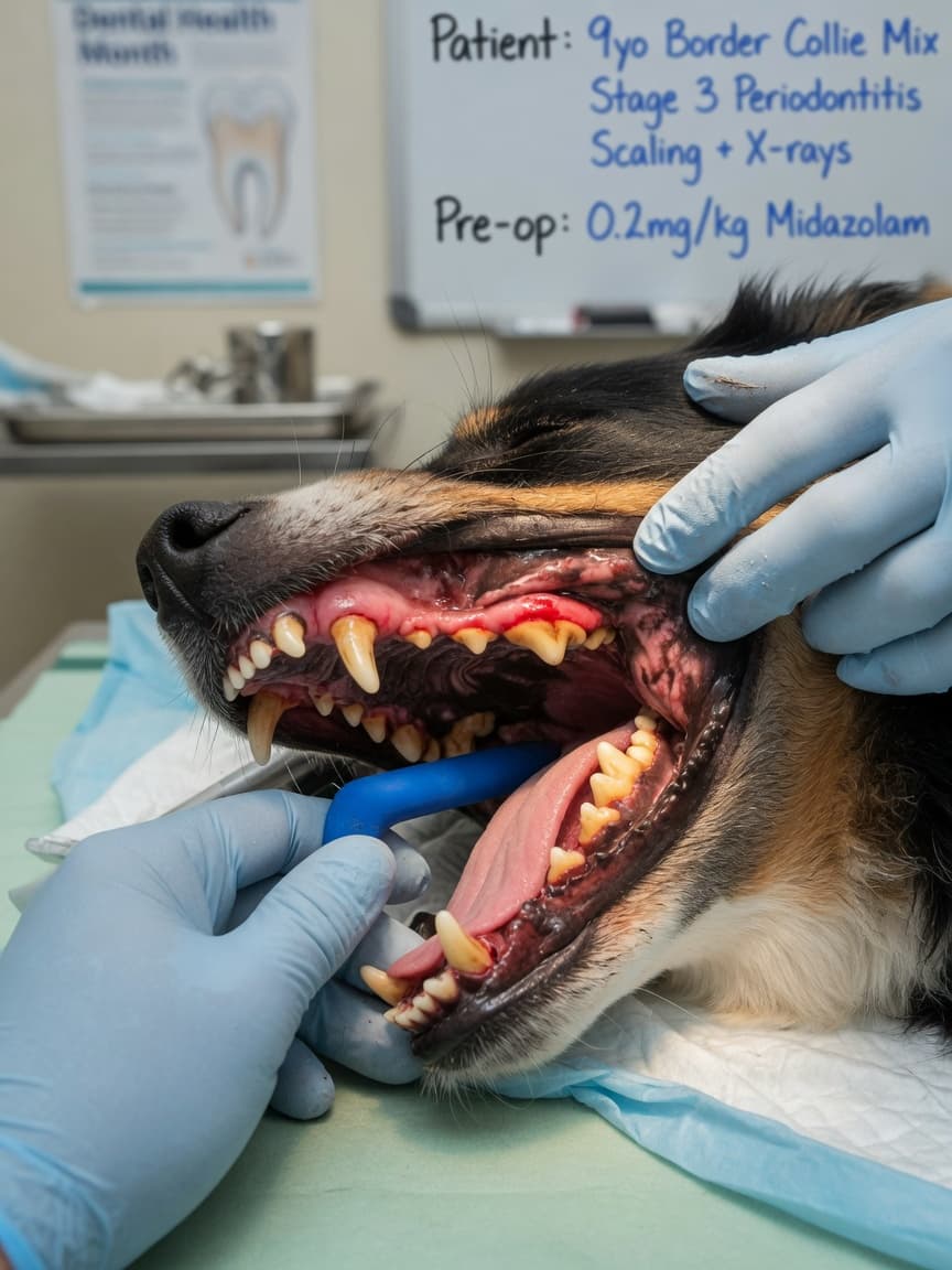 Close-up of inflamed dog gums with tartar buildup during veterinary dental examination