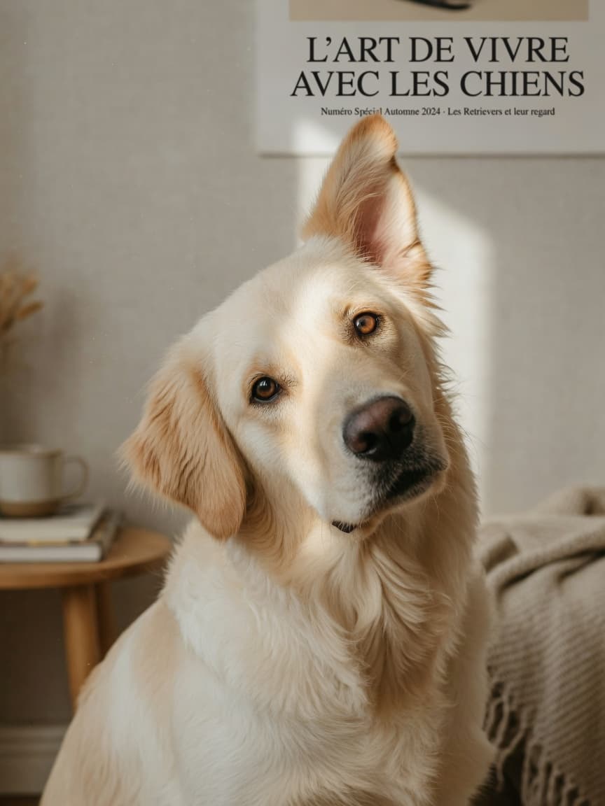 Golden Retriever with head tilted to one side, alert expression, warm natural lighting