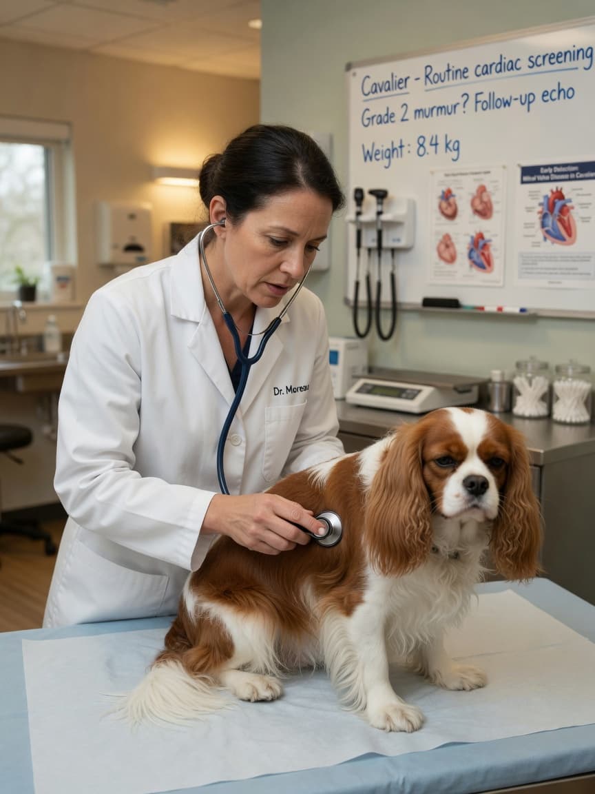 Veterinarian listening to a Cavalier King Charles Spaniel's heart with a stethoscope during a cardiac examination