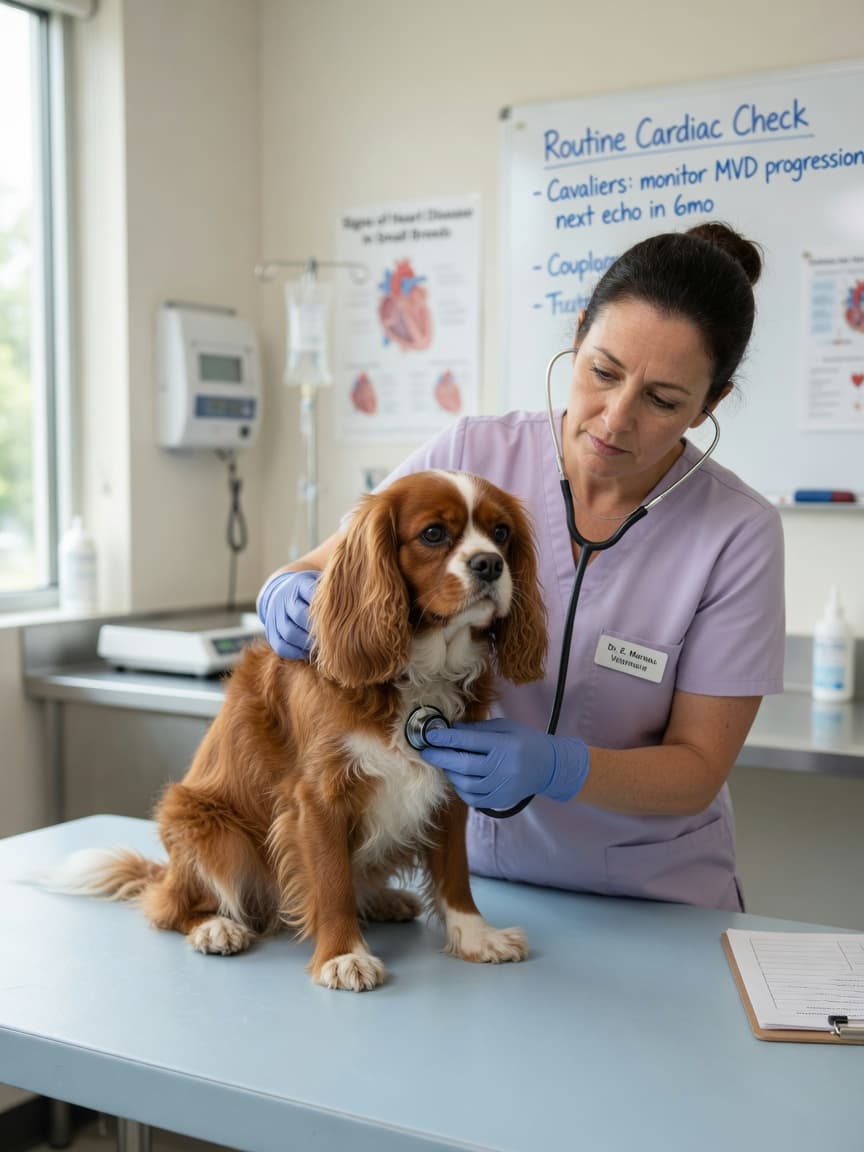 Veterinarian listening to Cavalier King Charles Spaniel's heart with stethoscope during cardiac examination