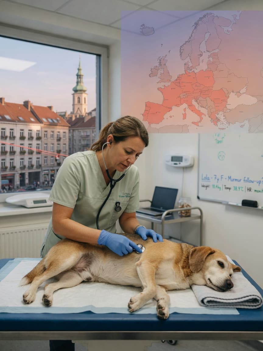 Veterinarian performing chest examination on a dog with stethoscope in a modern European clinic