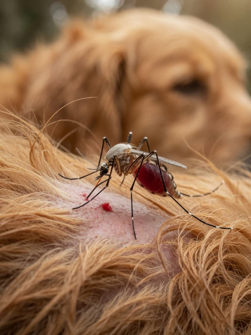 Macro photograph of a mosquito feeding on a dog's skin, showing the parasite vector responsible for heartworm transmission