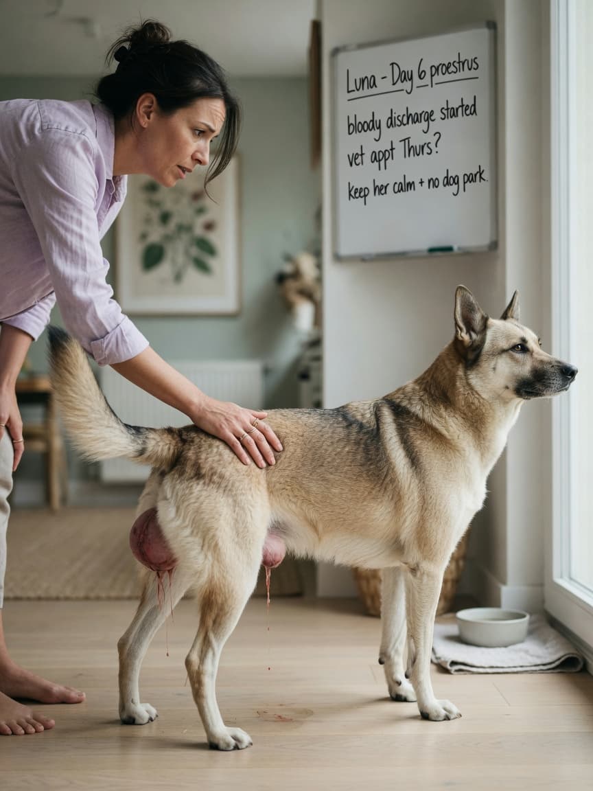 Female dog in heat displaying physical signs while owner observes, depicting the proestrus stage of the canine heat cycle