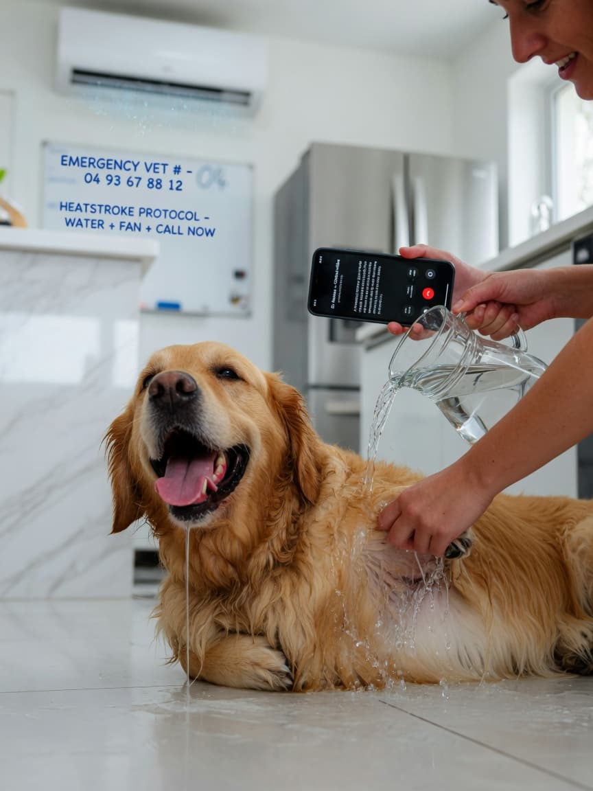 Golden retriever receiving emergency first aid for heatstroke with owner pouring cool water while calling vet