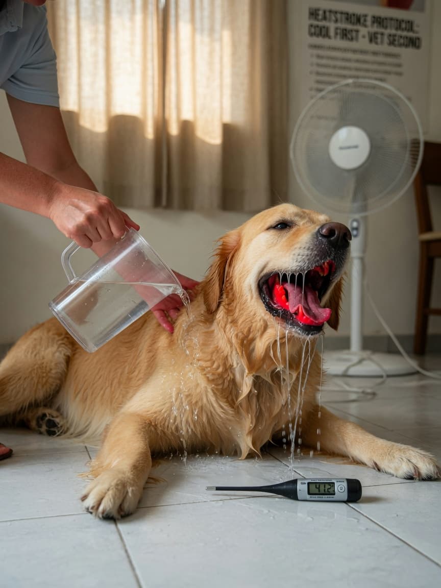 Golden retriever showing heatstroke signs with bright red gums, being cooled with water and fan during emergency first aid