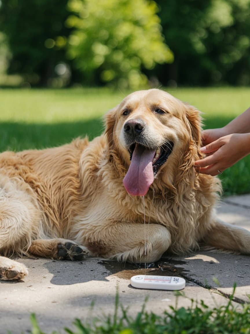 Golden retriever showing signs of heatstroke on hot pavement with owner reaching to help