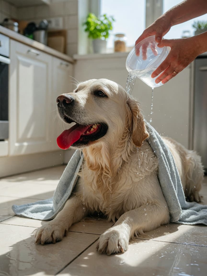 Golden retriever being cooled with water during heatstroke emergency, owner pouring cool water while dog pants heavily