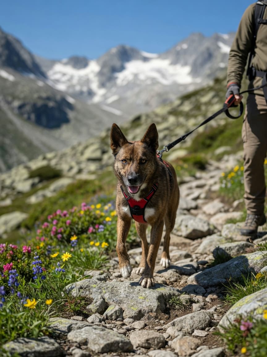 Dog hiking on rocky Alpine trail with mountain peaks in background