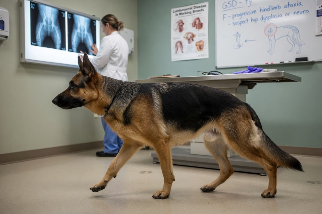 German Shepherd Dog with abnormal bunny-hopping gait showing hip dysplasia symptoms in veterinary clinic
