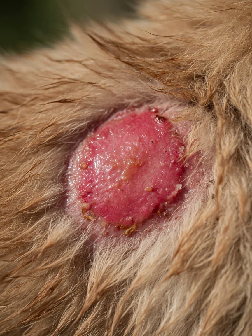 Close-up of a dog's hot spot showing raw, inflamed, moist red skin with hair loss and characteristic lesion appearance