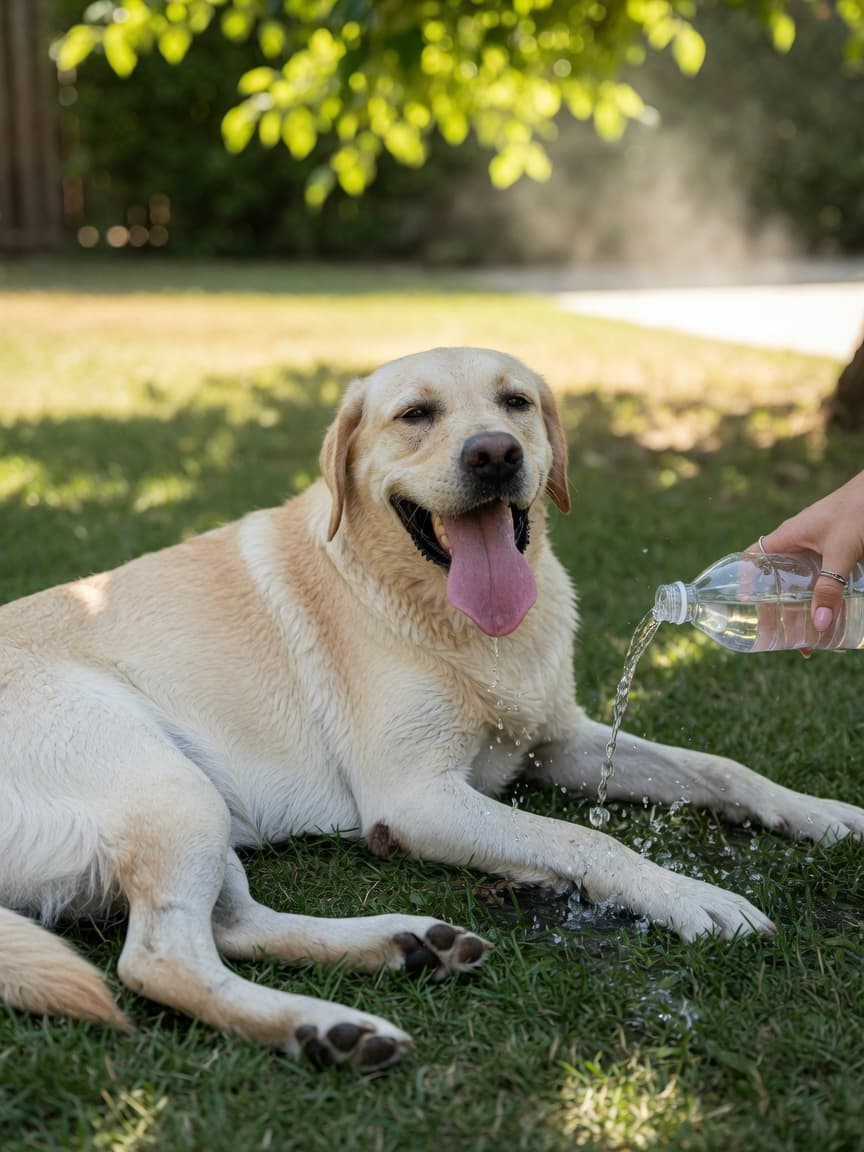 Golden Labrador Retriever showing heat stress being cooled with water by owner's hands during hot weather