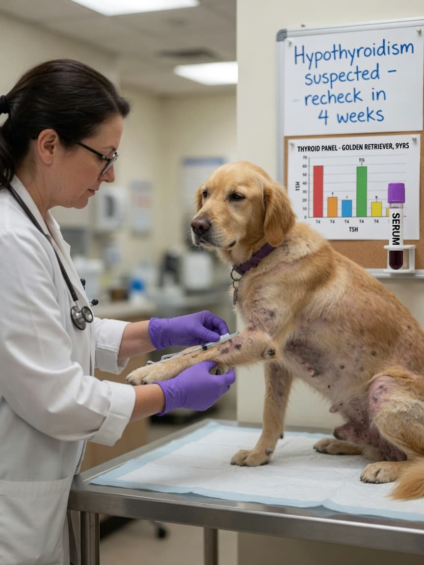Veterinarian drawing blood from a middle-aged Golden Retriever during thyroid hormone testing