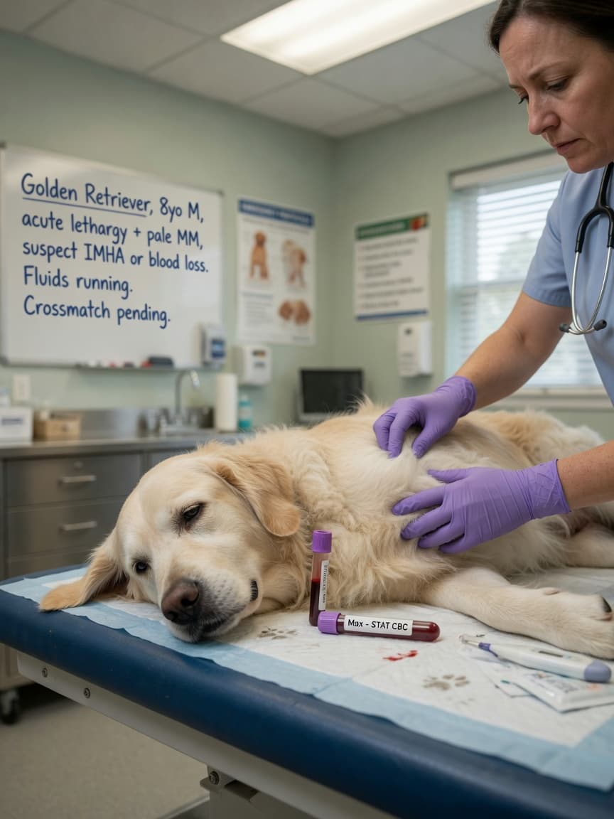 Veterinarian examining a pale dog during emergency IMHA diagnosis at a clinic table