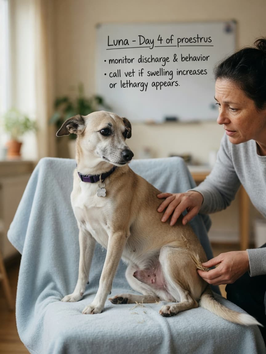 Owner gently examining an intact female dog showing early signs of heat cycle with vulval swelling, soft natural lighting