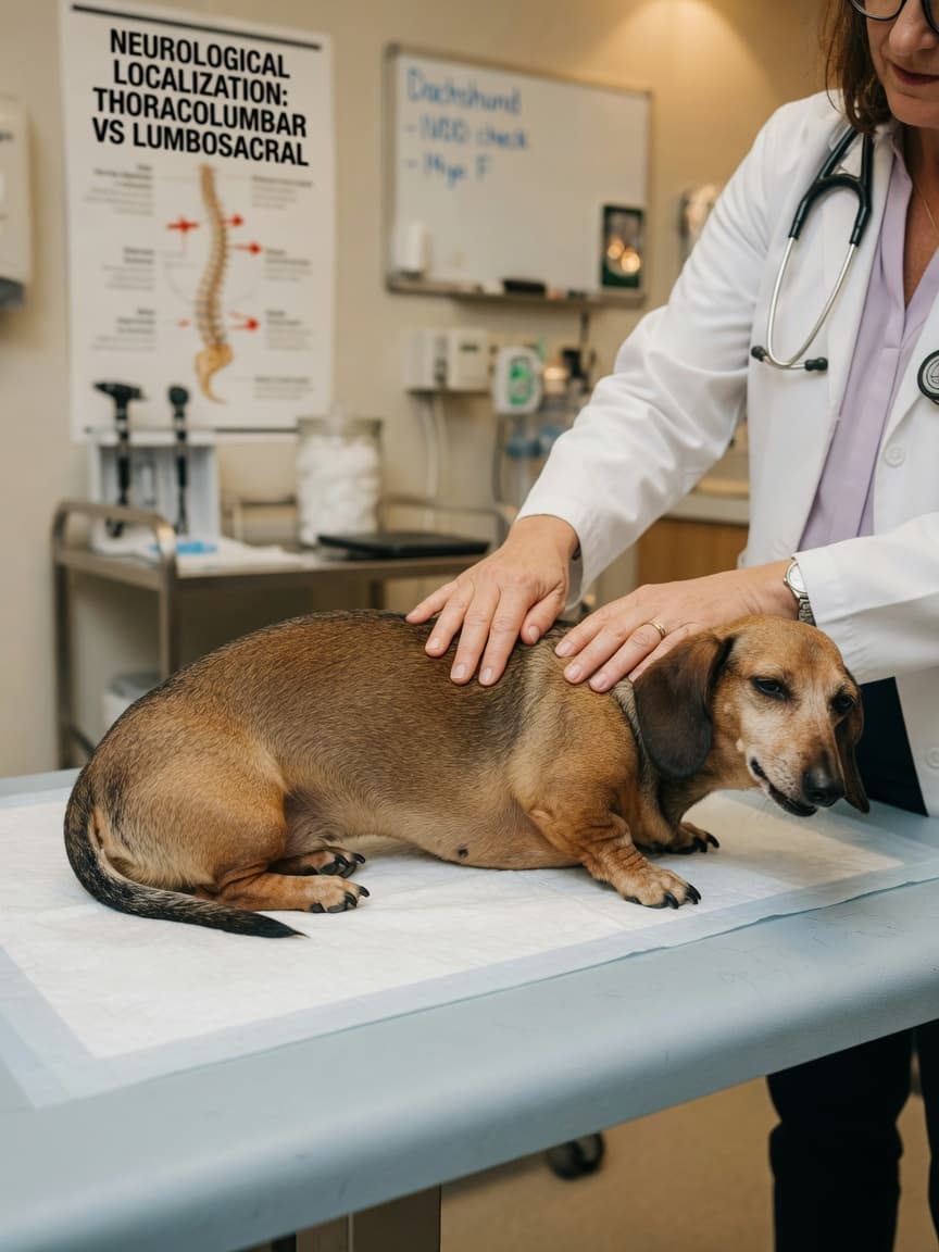 Veterinary neurologist examining a dachshund's spine during IVDD assessment