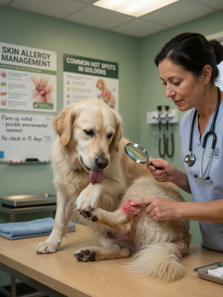 Golden retriever with itchy skin being examined by a veterinarian at a clinic