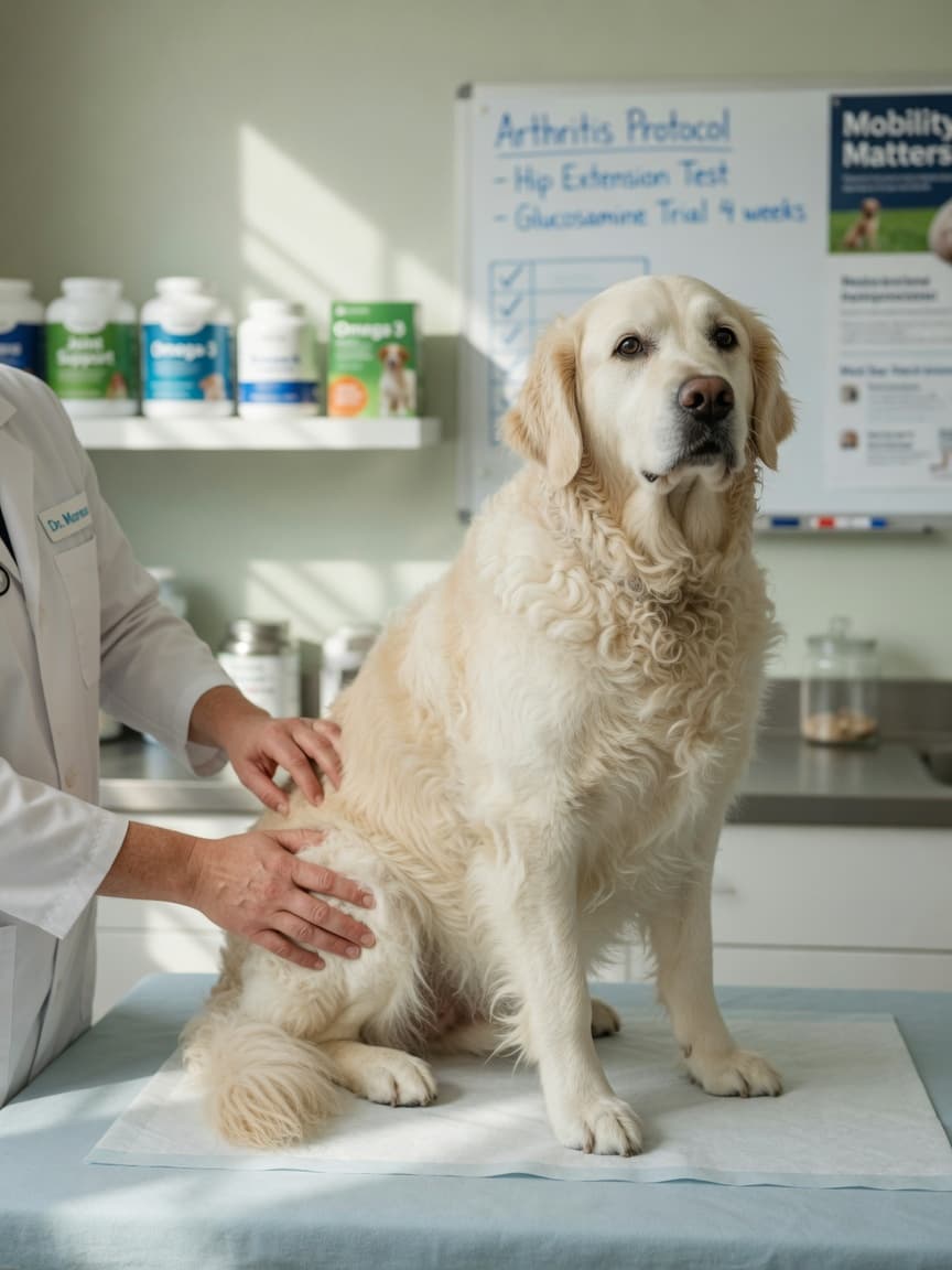 Veterinarian examining a Golden Retriever's hip and knee joints during a mobility assessment