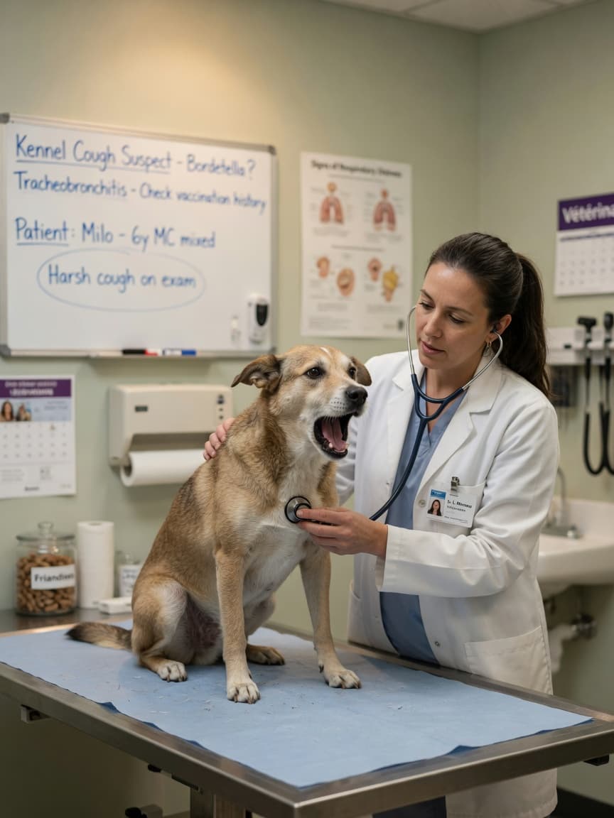 Dog at veterinary clinic being examined for kennel cough while coughing, with vet listening with stethoscope