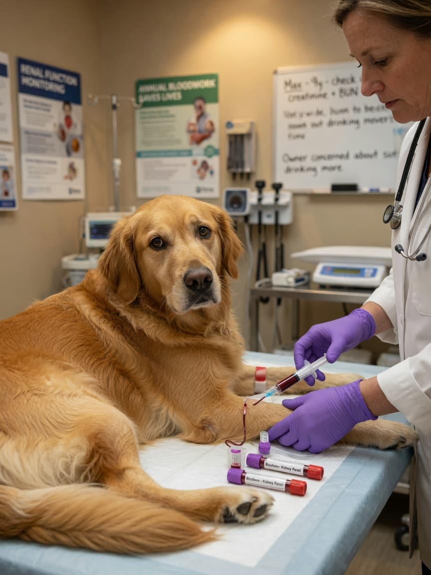 Veterinarian drawing blood from a golden retriever for kidney disease testing
