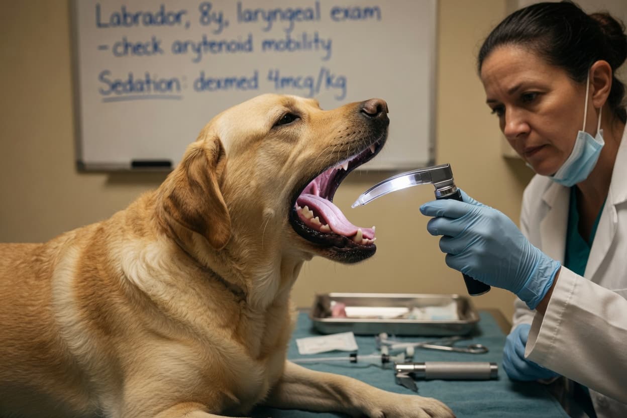 Yellow Labrador Retriever undergoing laryngoscopy examination with veterinarian guiding endoscope to visualize the larynx