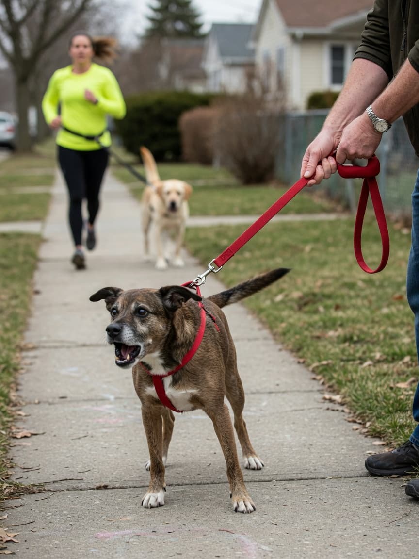 Dog lunging on leash while barking at a distant jogger with a yellow Labrador, owner holding the strained red leash with visible effort on a suburban sidewalk.